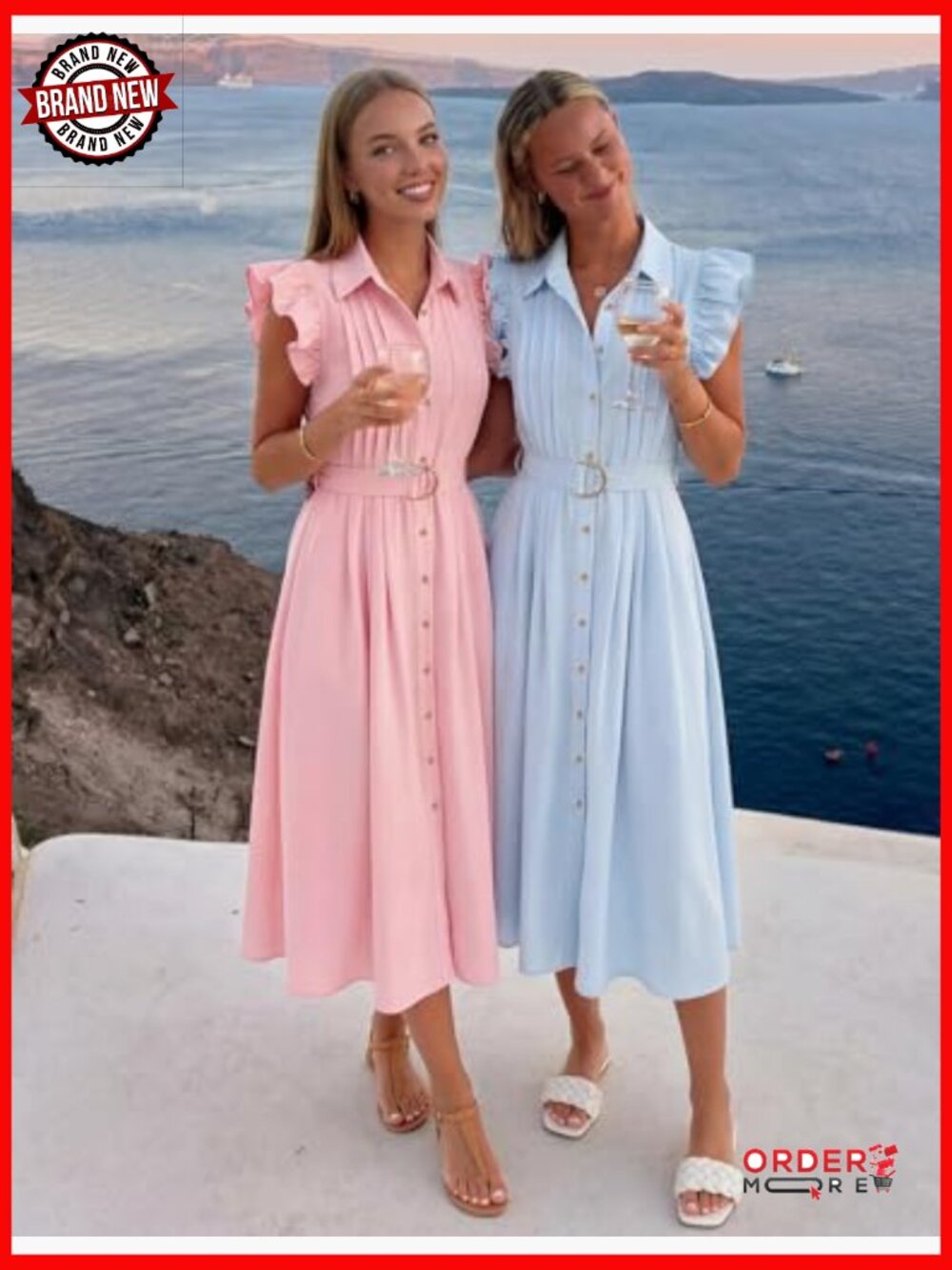 Flutter Short Sleeve Midi Dress with Pockets Belted Business Casual Work Dress - Picture 4 of 7